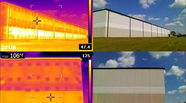Infrared thermographic images showing massive heat losses from uninsulated tilt up concrete walls.